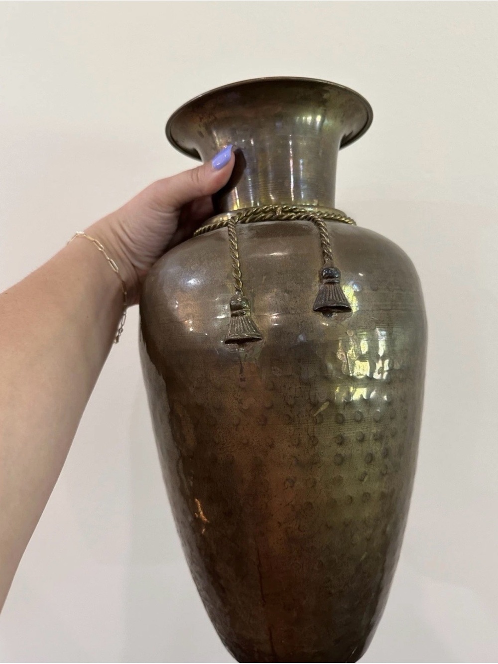 Vintage Hollywood Regency Glam hammered Brass Vase 13.5 Inches Tall
